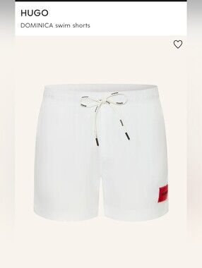 The HUGO Dominica Men's White Swim Shorts with Red Logo Patch - Size M